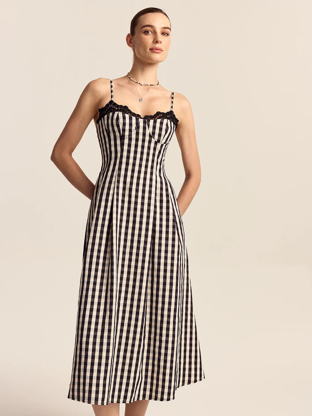 178 Gingham Spaghetti Strap Midi Dress with Lace Trim - Picture 6 of 6